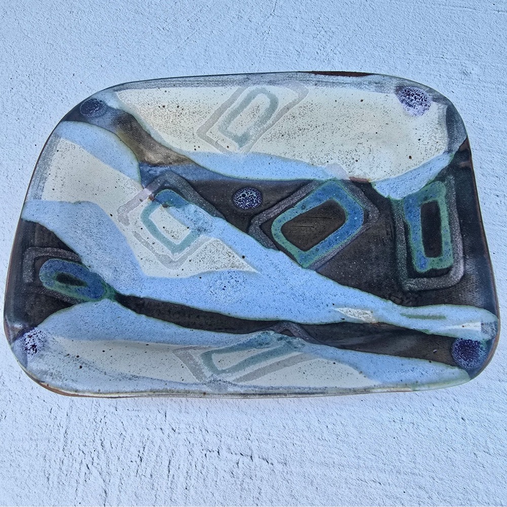 MCM Klickitat Pottery Studio Art Stoneware Tray Abstract Geometric Blue Brown